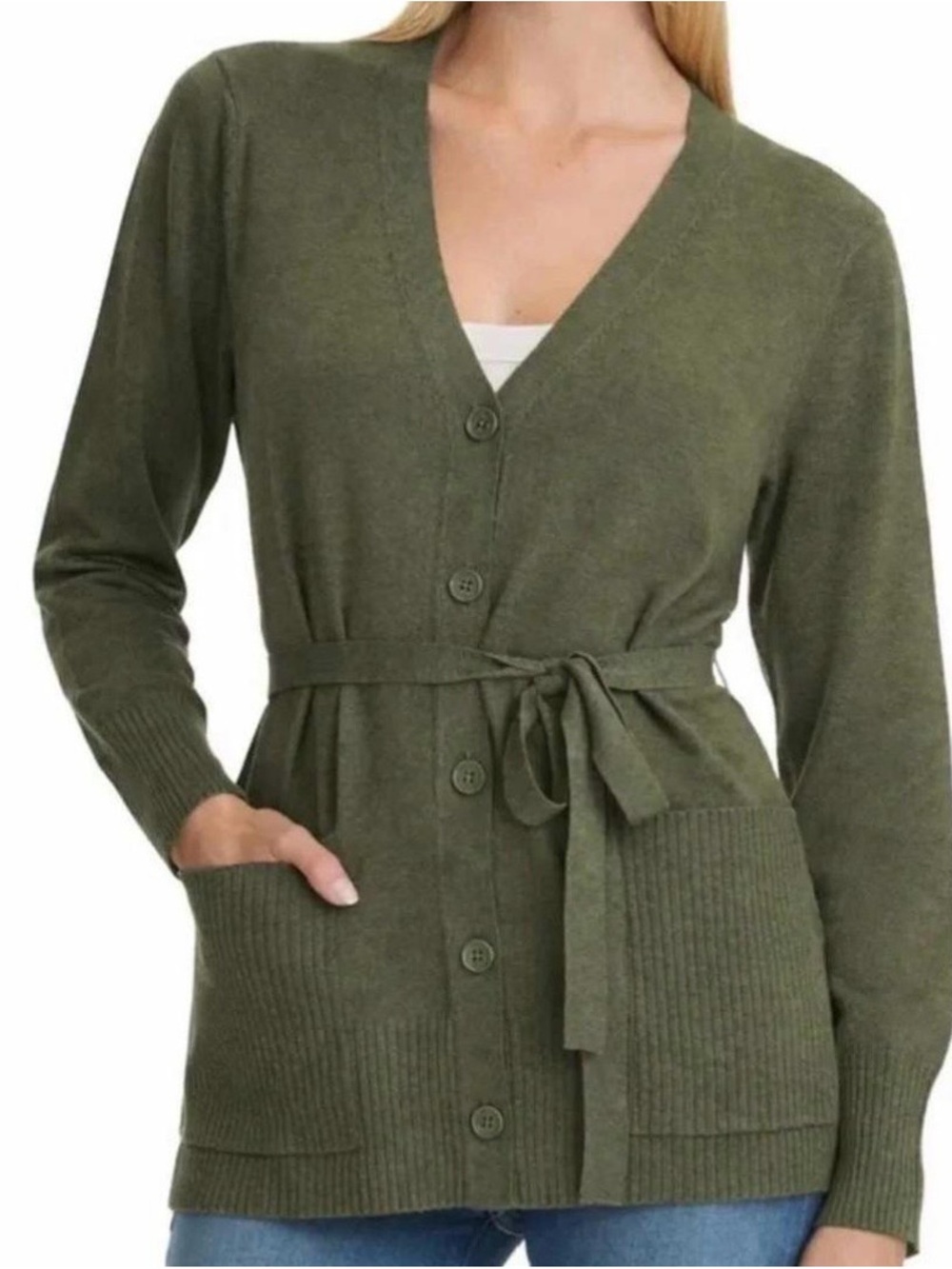 olive green Splendid women's belted cardigan with a V-neck
